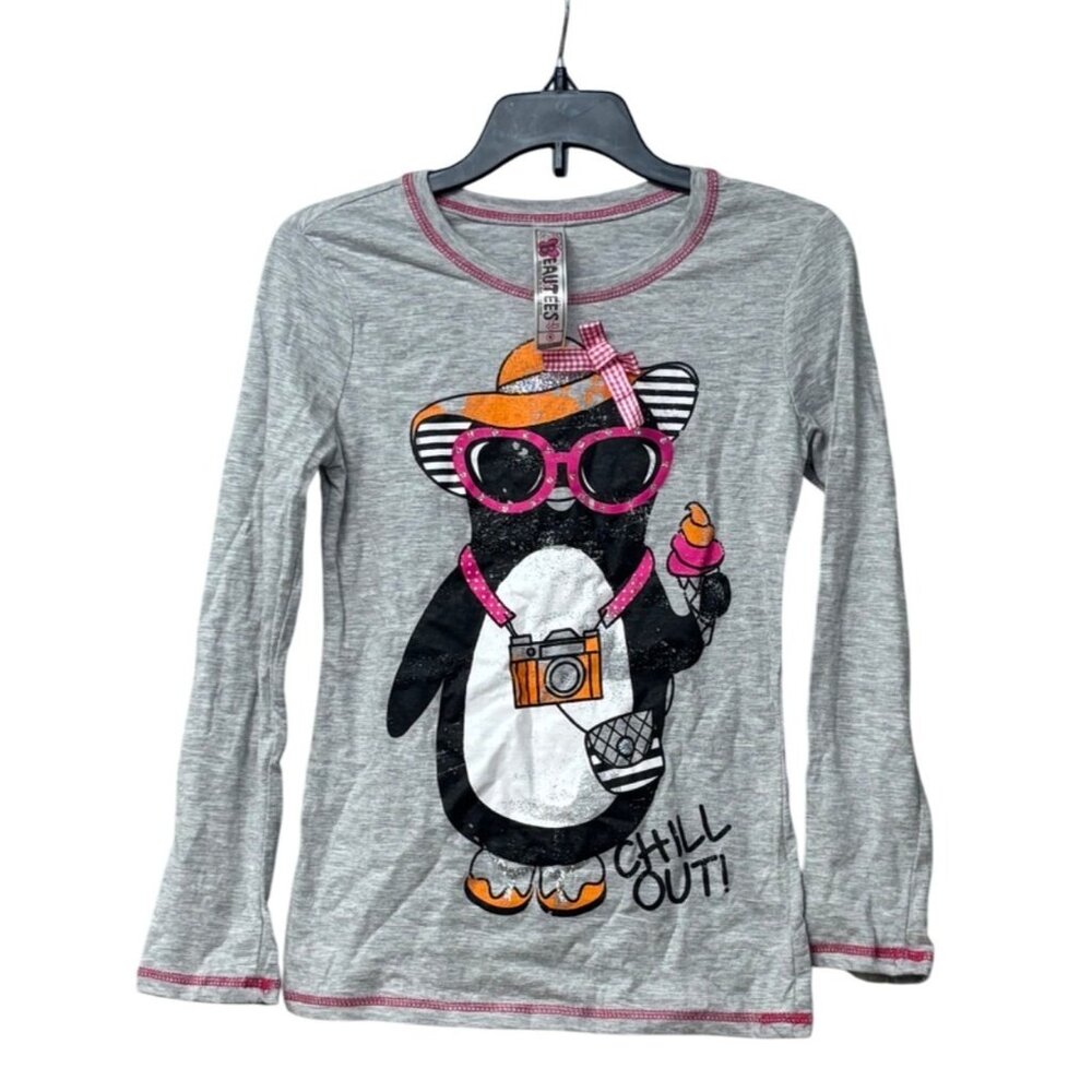 Beauties Little Girl’s Long Sleeve Shirt With Penguin Graphic, Gray, Sz. M
